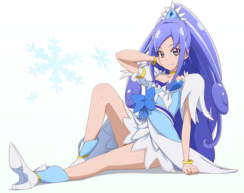 acchi_(koiyimknp) blue_eyes blue_hair bow bracelet choker cure_diamond dokidoki!_precure earrings full_body heart high_heels high_ponytail highres hishikawa_rikka jewelry leg_up legs long_hair looking_at_viewer magical_girl ponytail precure sidelocks sitting smile solo very_long_hair