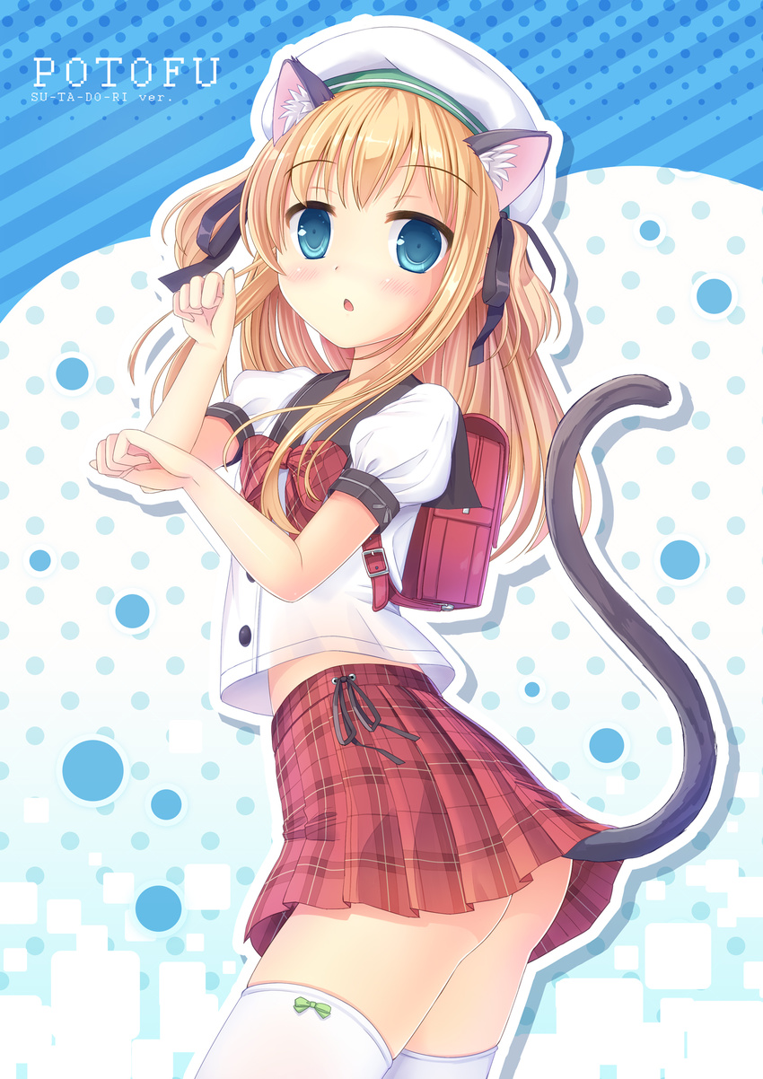 animal_ears black_ribbon blonde_hair blue_eyes bow cat_ears cat_tail character_name eyebrows_visible_through_hair green_bow hair_ribbon highres long_hair looking_at_viewer original paw_pose pleated_skirt red_skirt ribbon school_uniform shimotsuki_potofu shirt skirt solo tail umitonakai white_legwear white_shirt