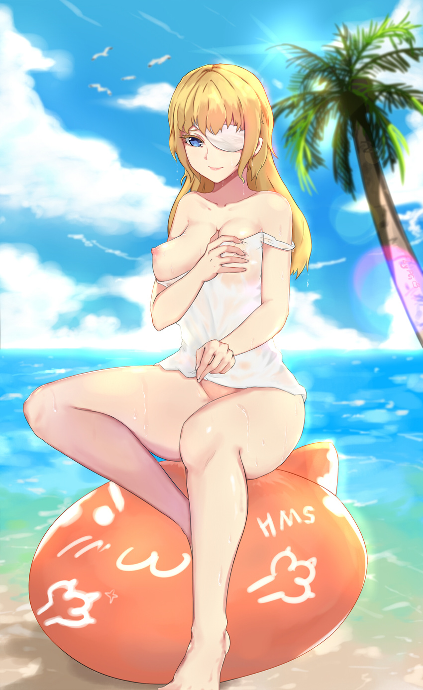 beach bird blonde_hair blue_eyes blue_sky bottomless breasts closed_mouth cloud collarbone colored_eyelashes commentary_request day eyepatch feet_out_of_frame hair_down hand_on_own_chest highres inflatable_toy large_breasts lens_flare lipstick long_hair makeup mou_zhi_pingguo nipple_slip nipples ocean one_eye_covered outdoors palm_tree prince_of_wales_(zhan_jian_shao_nyu) seagull self_fondle shirt sitting sky solo thighs tree water wet wet_clothes white_shirt zhan_jian_shao_nyu