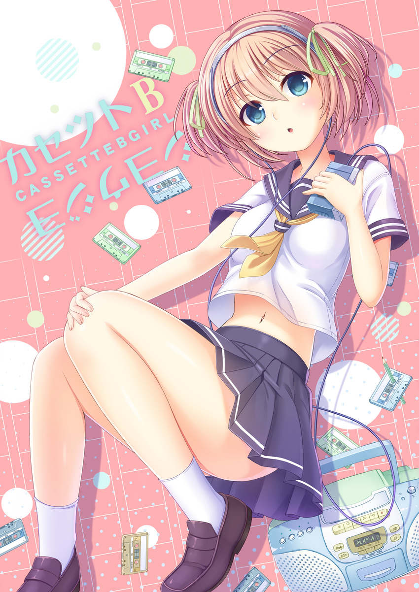 black_skirt blue_eyes blue_hairband boombox brown_hair cassette_player cassette_tape green_ribbon hair_ribbon hairband highres looking_at_viewer navel original pleated_skirt ribbon school_uniform serafuku shirt short_hair short_twintails skirt socks solo twintails umitonakai white_legwear white_shirt