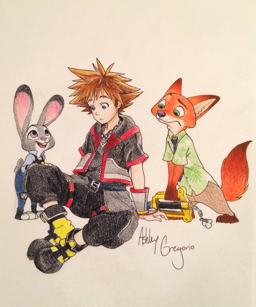 2016 anthro barefoot blue_eyes buckteeth bulletproof_vest canine clothed clothing disney female fox green_eyes group human jewelry judy_hopps keyblade kingdom_hearts lagomorph male mammal melee_weapon missashleyng necklace necktie nick_wilde open_mouth open_smile police_uniform purple_eyes rabbit signature simple_background sitting smile sora_(kingdom_hearts) square_enix teeth traditional_media_(artwork) uniform video_games weapon white_background zootopia
