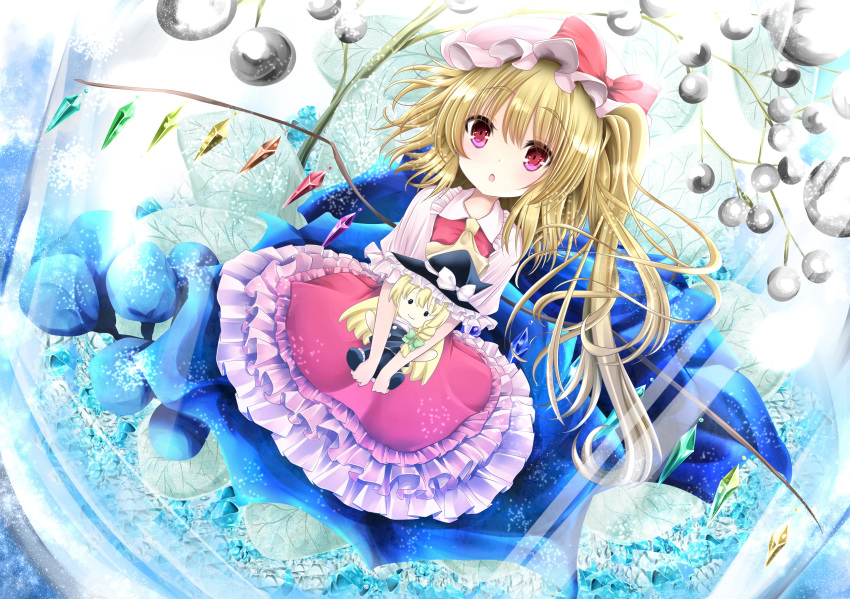 1girl :o blanket blonde_hair character_doll commentary_request cravat crystal doll dutch_angle flandre_scarlet frilled_skirt frilled_sleeves frills glass hat hat_ribbon highres holding holding_doll in_container kirisame_marisa kitora_(kisekinonameko) looking_at_viewer looking_up mob_cap orb puffy_short_sleeves puffy_sleeves red_eyes red_skirt red_vest ribbon shirt short_hair short_sleeves side_ponytail sitting skirt solo touhou tree_branch vest white_shirt wing_collar wings yellow_neckwear