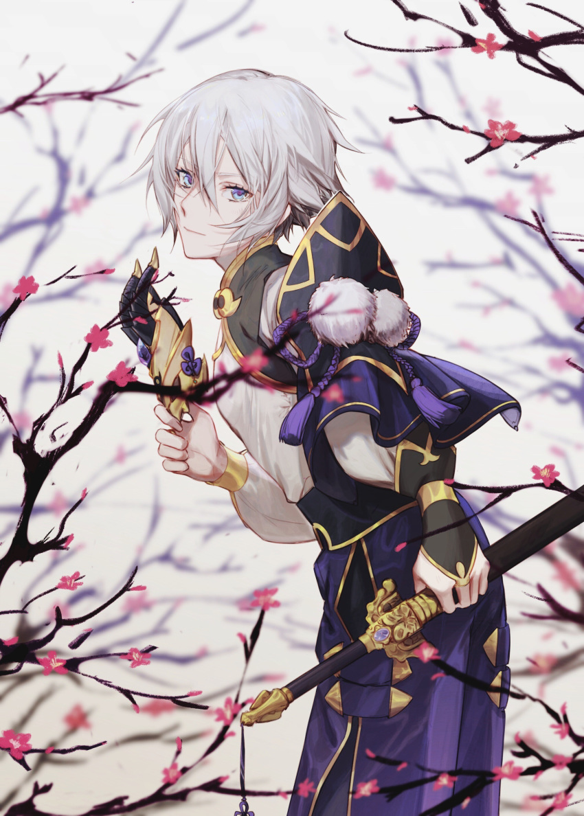 1boy absurdres androgynous blue_eyes chinese_armor chinese_clothes closed_mouth commentary_request csyko eyebrows_visible_through_hair fate/grand_order fate_(series) flower gao_changgong_(fate) hair_between_eyes highres holding holding_mask holding_sheath holding_sword holding_weapon horned_mask looking_at_viewer male_focus mask mask_removed pink_flower sheath sheathed short_hair solo sword tree tree_branch weapon white_hair