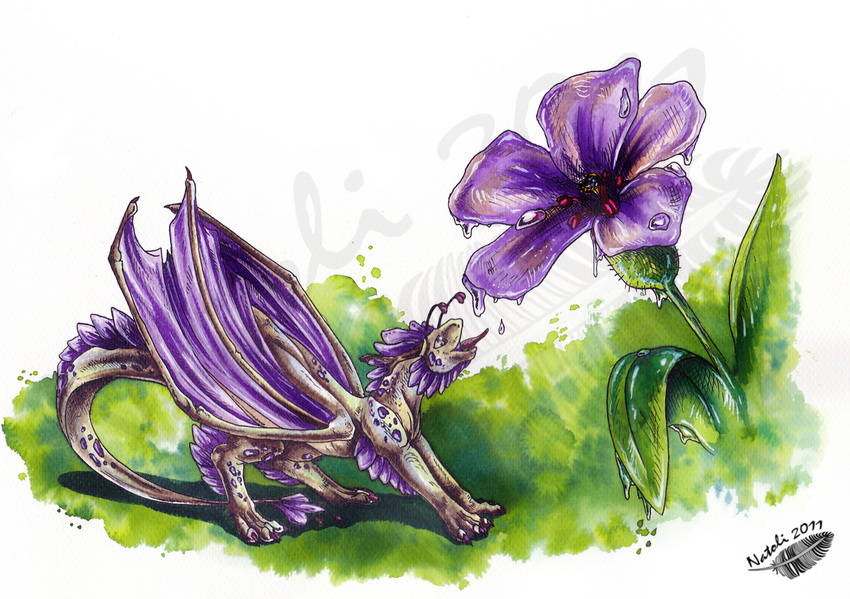 2011 claws dragon feral flower natoli nude open_mouth plant solo standing tongue traditional_media_(artwork) watermark