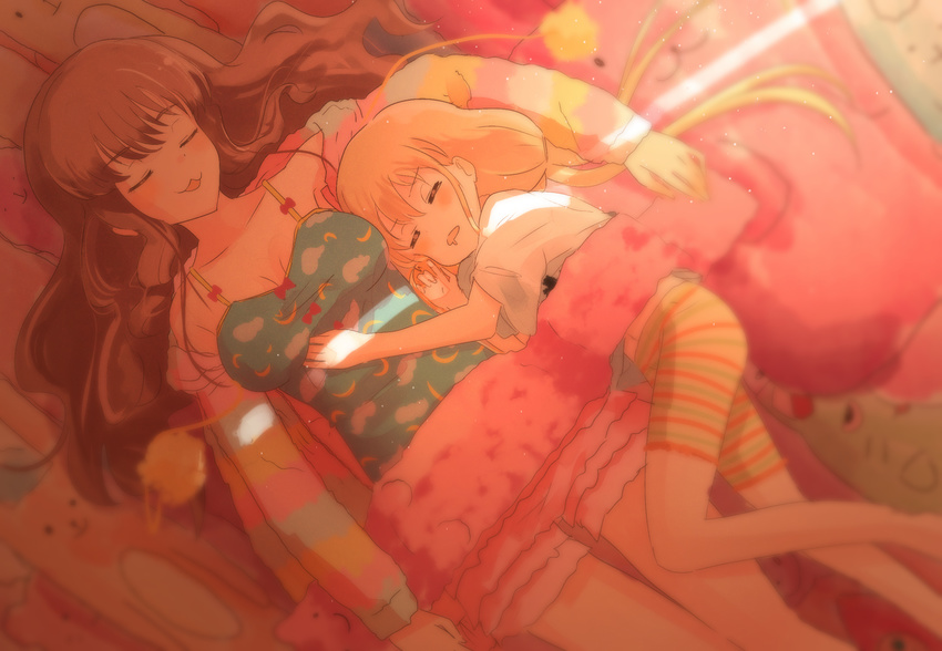 :3 bad_id bad_pixiv_id bike_shorts blonde_hair brown_hair futaba_anzu highres idolmaster idolmaster_cinderella_girls low_twintails moroboshi_kirari multiple_girls ru-wichi shirt sleeping striped striped_bike_shorts t-shirt twintails