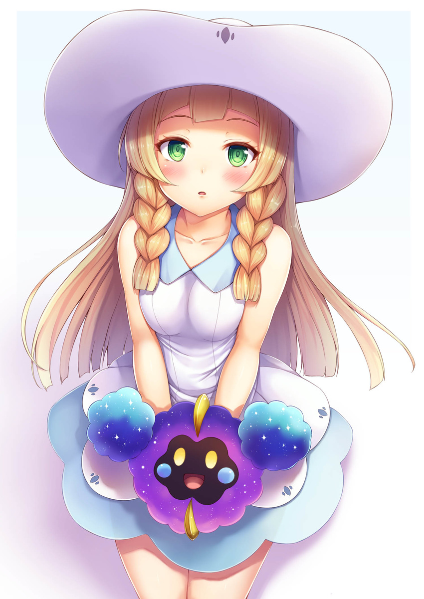 :o bangs bare_arms bare_shoulders blunt_bangs blush braid breasts collarbone cosmog covering covering_crotch cowboy_shot dress gen_7_pokemon green_eyes hat highres lillie_(pokemon) long_hair looking_at_viewer medium_breasts open_mouth pokemon pokemon_(creature) pokemon_(game) pokemon_sm simple_background skirt sleeveless sleeveless_dress snowcanvas sun_hat twin_braids white_background white_dress white_hat