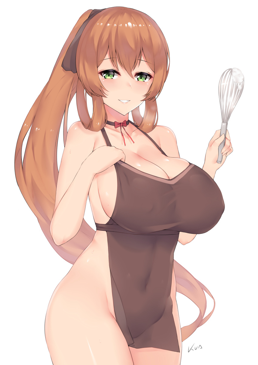 1girl absurdres apron bangs bare_shoulders blush bow bowtie breasts brown brown_apron brown_choker brown_hair brown_ribbon choker cleavage collarbone covered_navel cowboy_shot eyebrows_visible_through_hair girls_frontline green_eyes groin hair_between_eyes hair_ribbon hair_rings hand_up highres hips holding huge_breasts kuavera long_hair looking_at_viewer m1903_springfield_(girls_frontline) makeup mascara naked_apron no_bra paid_reward parted_lips patreon_reward ponytail pulled_by_self red_bow red_neckwear ribbon shiny shiny_skin sideboob sidelocks simple_background skindentation smile solo standing strap_pull sweat teeth thighs very_long_hair whisk white_background