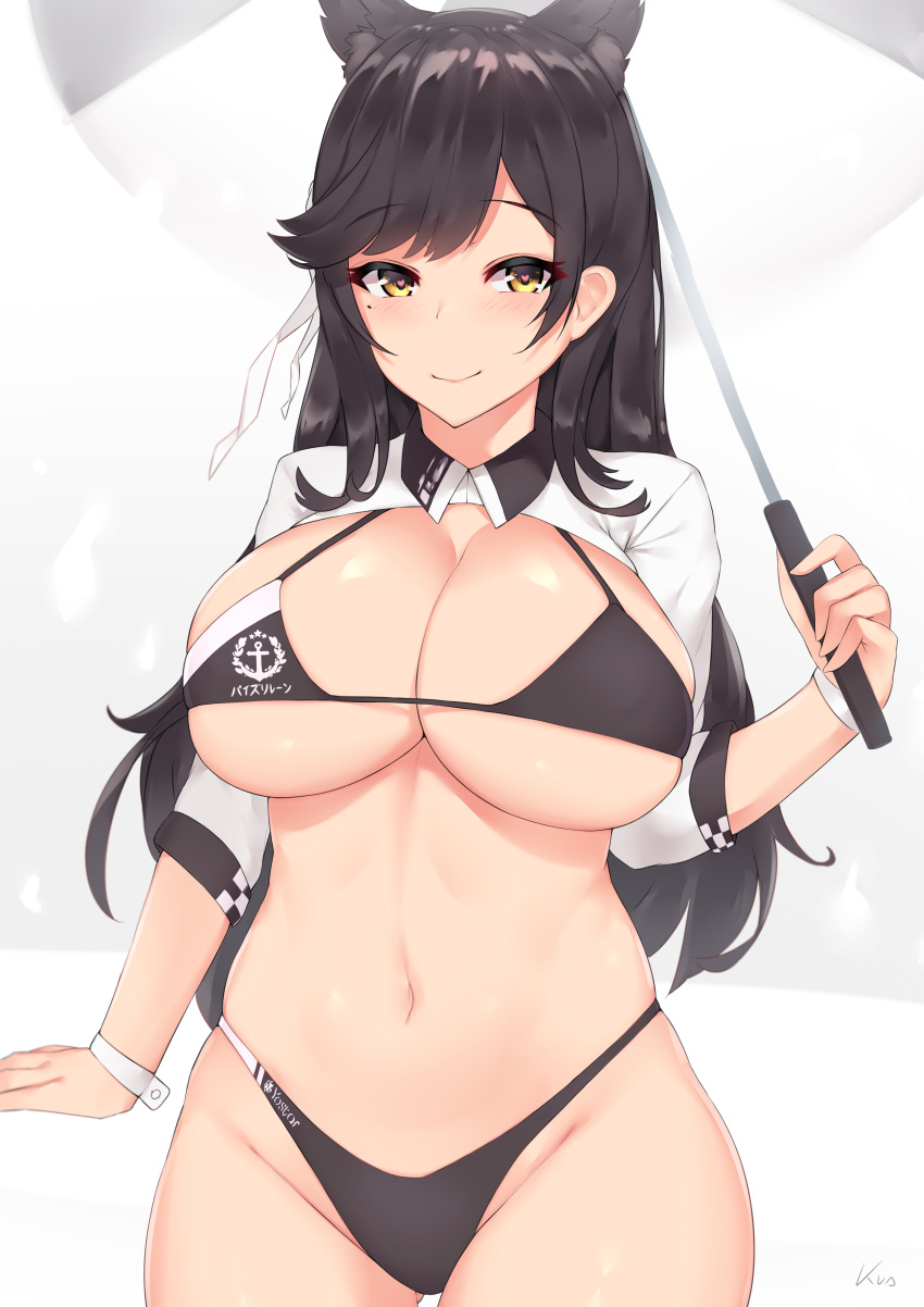 1girl absurdres animal_ears arm_at_side atago_(azur_lane) azur_lane bangs bikini black_bikini black_hair blush breasts brown_eyes checkered closed_mouth collarbone cowboy_shot dog_ears extra_ears eyebrows_visible_through_hair gluteal_fold groin heart heart-shaped_pupils highleg highleg_bikini highleg_swimsuit highres kuavera large_breasts long_hair long_sleeves looking_at_viewer midriff mole mole_under_eye navel paid_reward patreon_reward race_queen ribbon shiny shiny_skin shrug_(clothing) simple_background skindentation smile solo standing stomach swept_bangs swimsuit swimsuits symbol-shaped_pupils thigh_gap thighs two-tone_bikini umbrella waist white_background white_ribbon wrist_cuffs