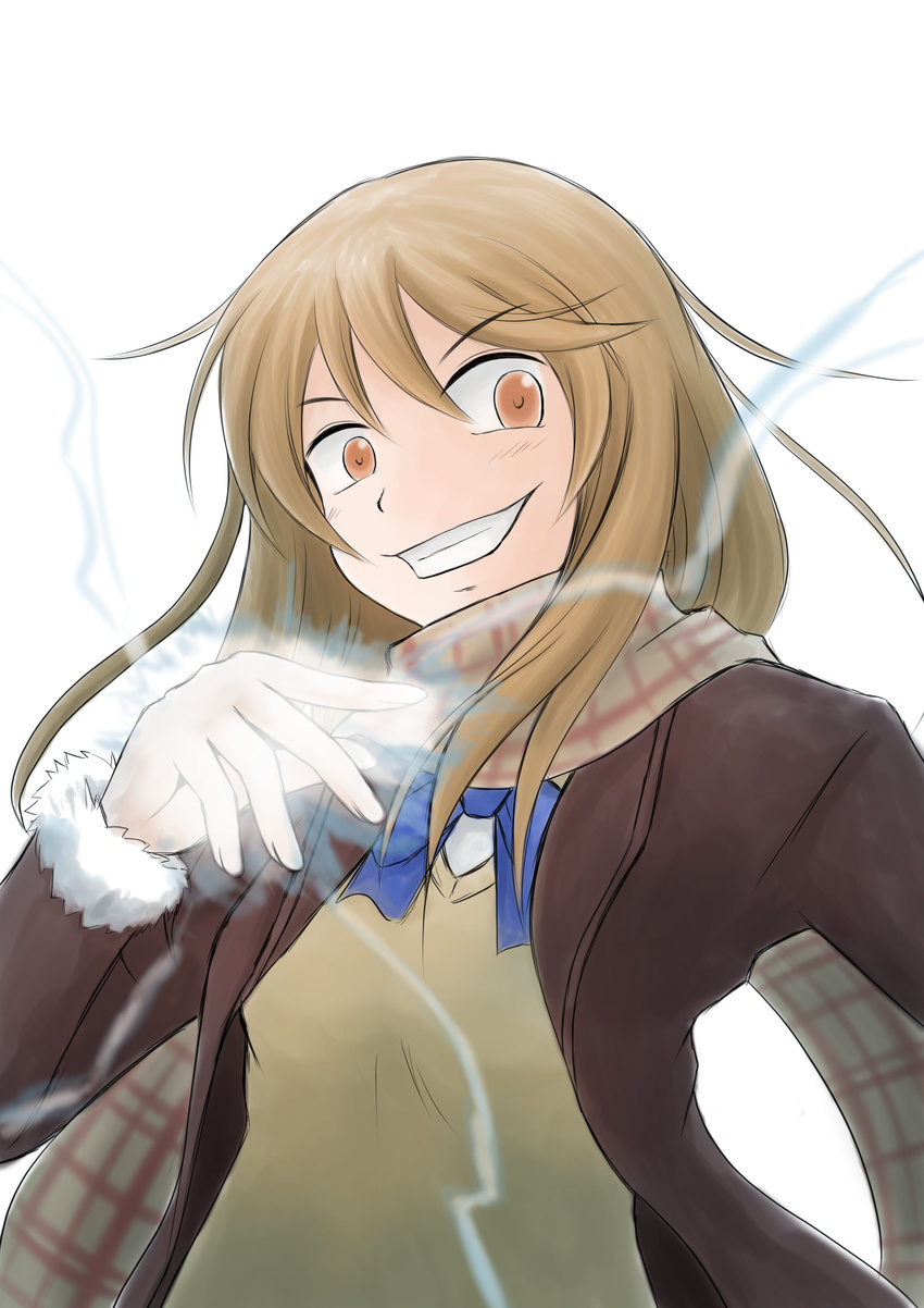 absurdres amaki_shou blonde_hair blue_bow blue_neckwear bow bowtie brown_eyes coat coppelion electricity evil_grin evil_smile grin highres long_hair looking_at_viewer ozu_kanon scarf smile solo sweater_vest upper_body white_background