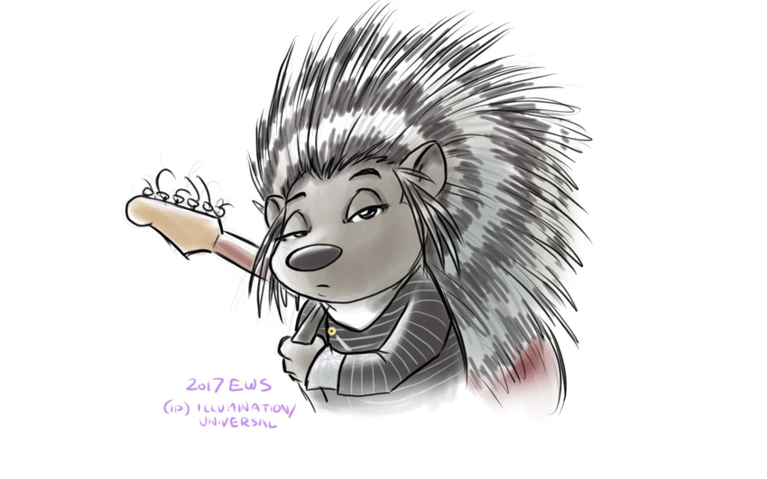 2017 anthro ash_(sing) clothing eric_schwartz female fur grey_fur grey_nose guitar jaded looking_at_viewer mammal musical_instrument porcupine pose quills rodent simple_background sing_(movie) solo white_background