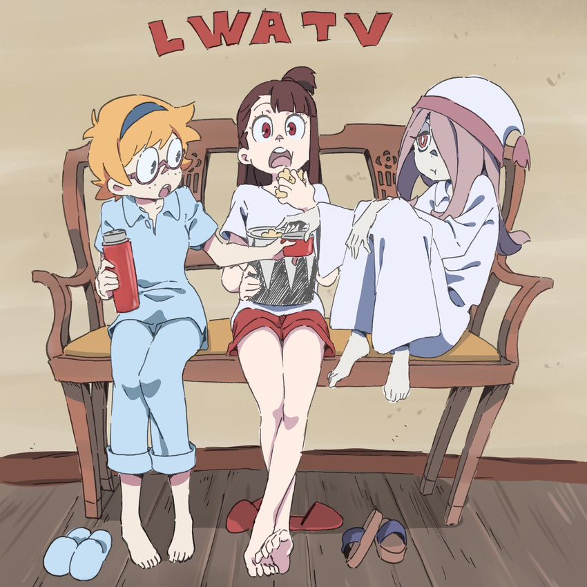 :t barefoot brown_hair commentary crossed_legs eating feet feet_on_chair food freckles glasses hair_over_one_eye hat highres kagari_atsuko kengo little_witch_academia lotte_jansson multiple_girls nightcap official_art orange_hair pajamas pale_skin polo_shirt popcorn pout red_eyes shirt shoes_removed shorts sitting slippers sucy_manbavaran t-shirt thermos toe_scrunch