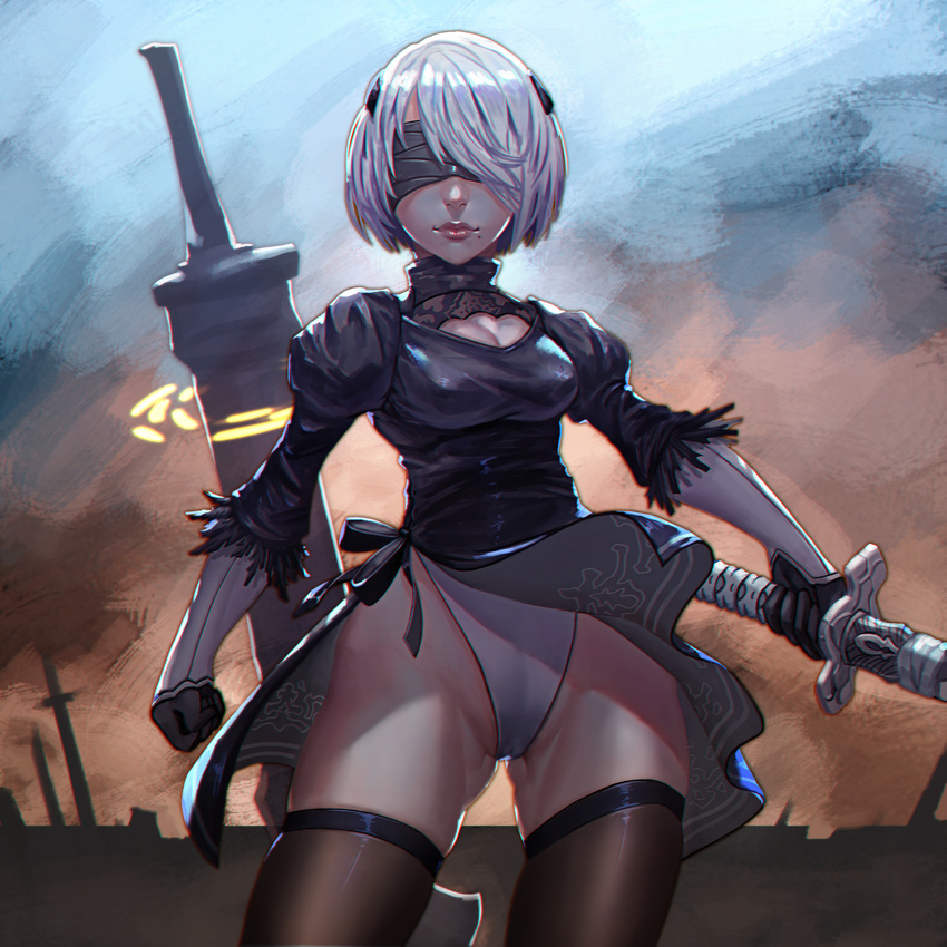 absurdres black_dress black_legwear blindfold breasts cleavage cleavage_cutout cowboy_shot dress gloves hairband highleg highleg_leotard highres holding holding_sword holding_weapon juliet_sleeves large_breasts leotard long_sleeves mole mole_under_mouth nier_(series) nier_automata puffy_sleeves short_hair silver_hair skindentation solo standing sword thighhighs weapon white_leotard wind wind_lift xue_qi_ye_(dndtmbdue) yorha_no._2_type_b
