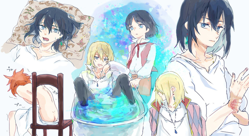 1boy black_hair blonde_hair blue_eyes child collarbone earrings howl_(howl_no_ugoku_shiro) howl_no_ugoku_shiro jewelry looking_at_viewer male_focus multiple_views necklace open_mouth orange_hair pillow sitting solo sweatdrop water xaosio younger