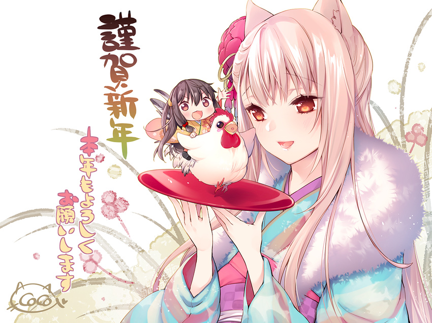 :d animal_ears artist_name bangs bird black_hair blue_kimono blush cat_ears chibi chicken chinese_zodiac cocoa_(cafe-hotcocoa) commentary_request eyebrows_visible_through_hair hair_between_eyes happy_new_year holding holding_tray japanese_clothes kimono kotoyoro long_hair looking_at_another looking_at_viewer multiple_girls new_year open_mouth original red_eyes riding shawl signature silver_hair smile tray white_background year_of_the_rooster