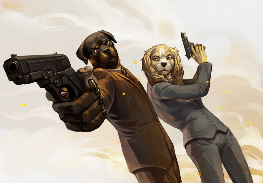 2016 amber_eyes anthro blonde_hair canine claws clothing day digital_media_(artwork) dog felicesta female gun hair male mammal necktie pose ranged_weapon suit tagme weapon