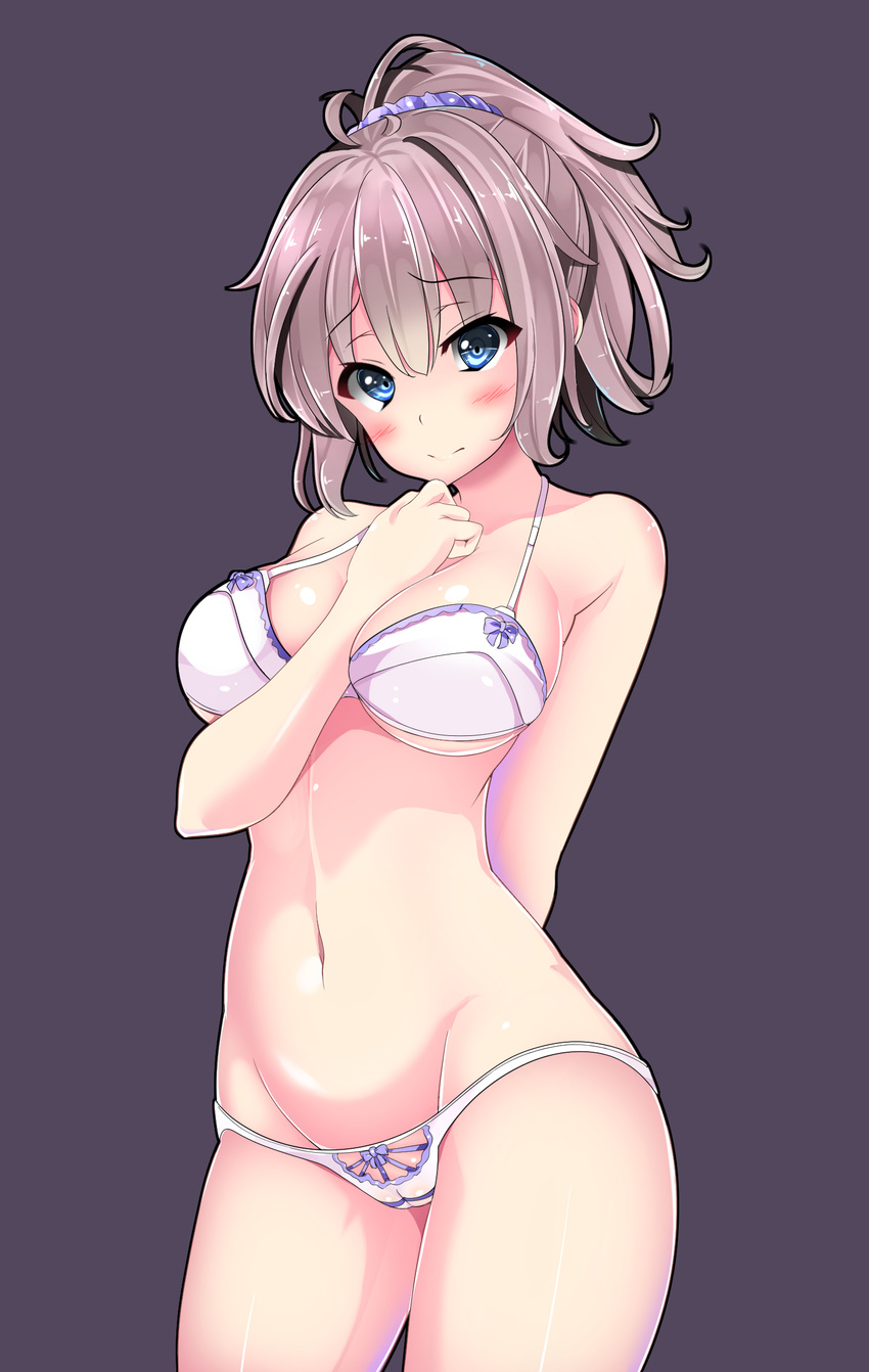 absurdres ahoge aoba_(kantai_collection) arm_behind_back bangs bare_shoulders between_breasts blue_eyes blue_scrunchie blush bra breasts brown_hair cameltoe closed_mouth contrapposto cowboy_shot eyebrows_visible_through_hair groin hair_between_eyes hand_between_breasts hand_up highres kantai_collection large_breasts lingerie looking_at_viewer lowleg lowleg_panties navel panties ponytail purple_background purple_bra purple_panties scrunchie senra_banshou shiny shiny_hair shiny_skin simple_background solo standing stomach underwear
