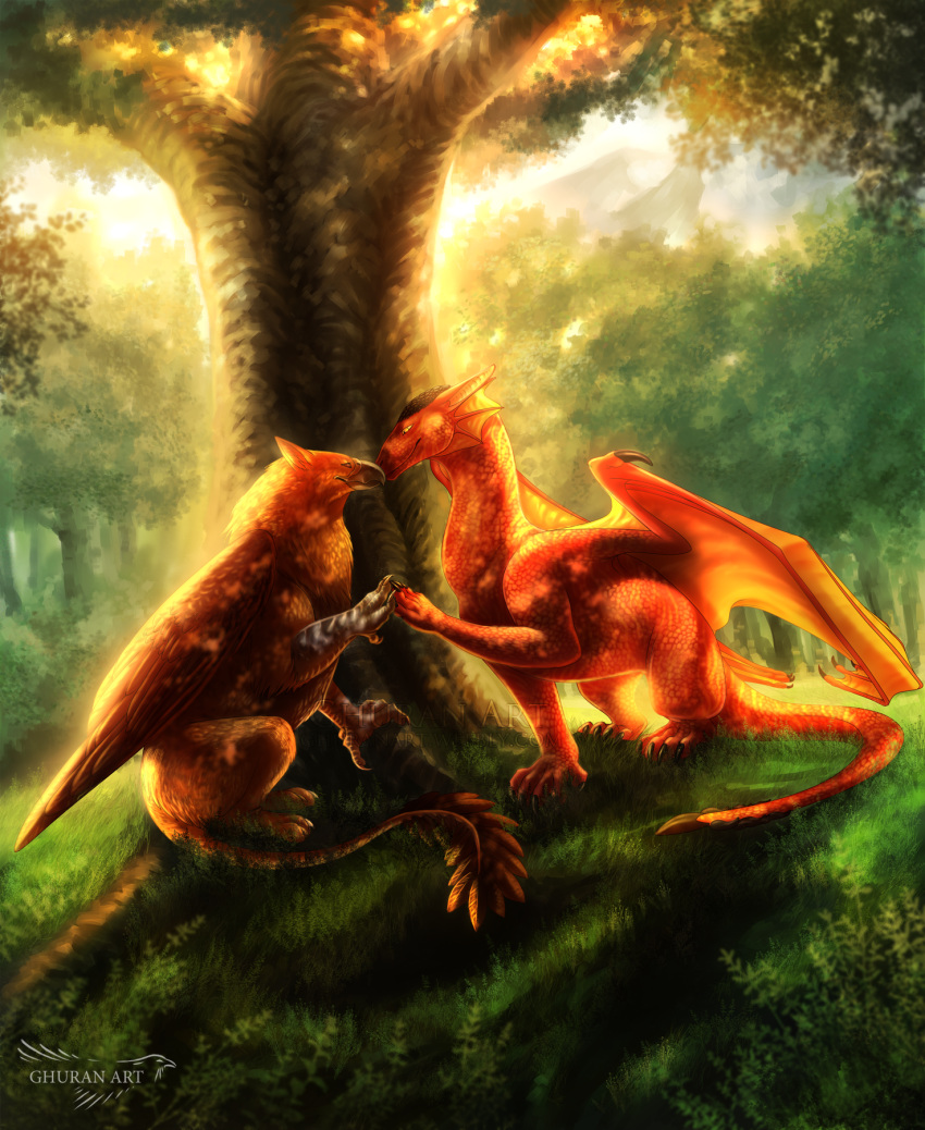 2018 avian claws day detailed_background dragon duo feathered_wings feathers feral forest gryphon hydlunn membranous_wings outside scales scalie sitting solo standing tree western_dragon wings