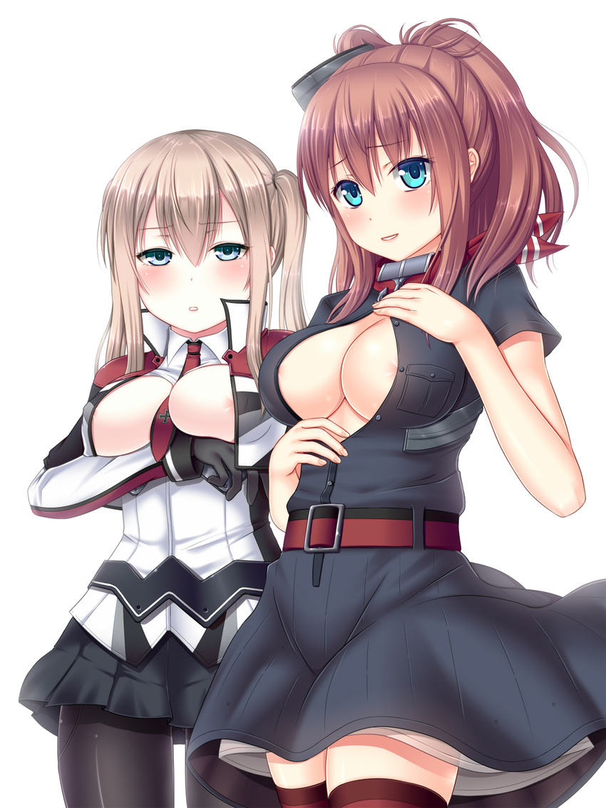 anchor areola_slip areolae arm_support between_breasts black_blouse black_gloves black_legwear black_skirt blonde_hair blouse blue_eyes blush breast_pocket breasts brown_hair embarrassed eyebrows_visible_through_hair fingernails gloves graf_zeppelin_(kantai_collection) hair_between_eyes hanazome_dotera highres jacket kantai_collection long_hair long_sleeves looking_back medium_breasts multiple_girls neckerchief necktie necktie_between_breasts open_blouse open_clothes open_jacket open_mouth pantyhose pleated_skirt pocket ponytail red_neckwear remodel_(kantai_collection) saratoga_(kantai_collection) short_sleeves side_ponytail sidelocks simple_background skirt smokestack thighhighs twintails white_background white_jacket