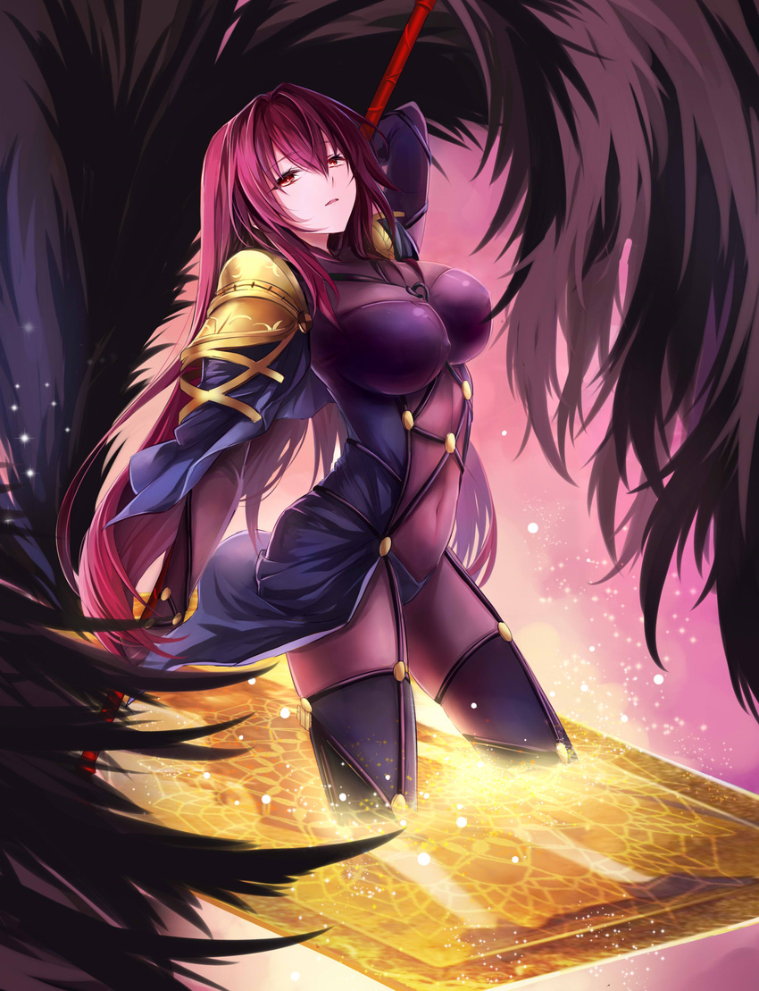 absurdres arm_up armor bangs bodysuit breasts card commentary_request covered_navel eyebrows_visible_through_hair fate/grand_order fate_(series) gae_bolg glowing hair_between_eyes half-closed_eyes highres holding holding_spear holding_weapon lancer_class_(fate/stay_night) large_breasts light_particles long_hair looking_at_viewer m-musume_(catbagel) navel pauldrons polearm purple_bodysuit purple_hair red_eyes scathach_(fate)_(all) scathach_(fate/grand_order) skin_tight solo sparkle spear very_long_hair weapon