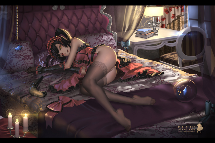 ass bangs bare_shoulders black_gloves black_hair black_legwear book_stack bow breasts candle candlelight candlestand chair commentary_request date_a_live dress feet gloves gothic_lolita gun hairband handgun heterochromia hk_(hk) lace lace-trimmed_thighhighs lamp letterboxed lolita_fashion lolita_hairband long_hair looking_at_viewer lying md5_mismatch medium_breasts no_panties on_bed on_side parted_lips pistol red_bow red_dress red_eyes solo table thighhighs tokisaki_kurumi twintails weapon yellow_eyes