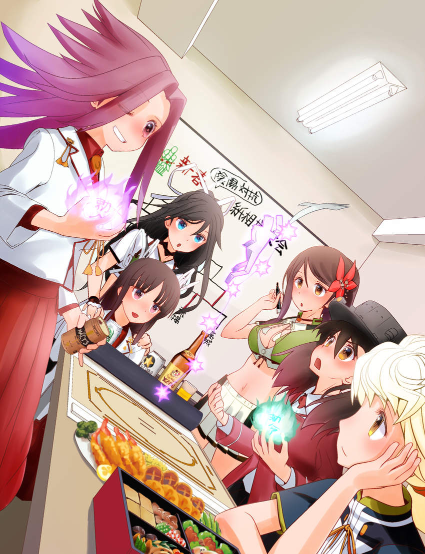 alcohol amagi_(kantai_collection) asymmetrical_hair bangs beer beer_can black_hair blue_eyes blush breasts brown_hair can cleavage_cutout cloud_print colored_eyelashes commentary_request crop_top dress_shirt dutch_angle elbow_rest flower food grin hair_between_eyes hair_flower hair_ornament hair_ribbon hands_on_another's_shoulders height_difference highres hiyou_(kantai_collection) japanese_clothes jun'you_(kantai_collection) kantai_collection katsuragi_(kantai_collection) large_breasts long_hair looking_at_another looking_up magatama midriff mocha_(snowflake) multiple_girls onmyouji open_mouth parted_bangs pleated_skirt ponytail purple_eyes purple_hair remodel_(kantai_collection) ribbon ryuujou_(kantai_collection) shikigami shirt sitting skirt smile spiked_hair standing table tempura translation_request twintails unryuu_(kantai_collection) uppercut yellow_eyes