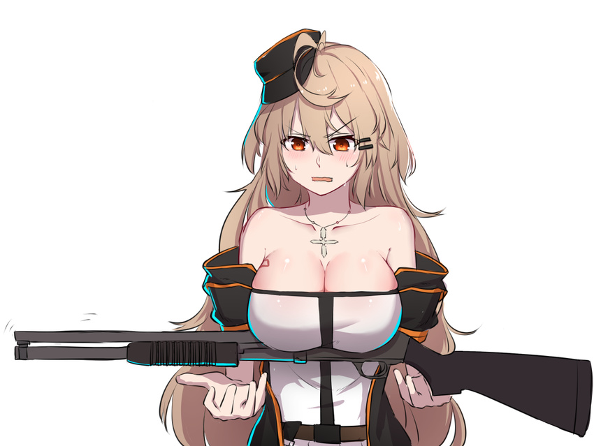 &gt;:( blush breasts brown_hair cleavage commentary frown girls_frontline gun hat ithaca_m37 ithaca_m37_(girls_frontline) jewelry large_breasts long_hair open_mouth pendant shotgun solo v-shaped_eyebrows very_long_hair weapon xiujia_yihuizi yellow_eyes