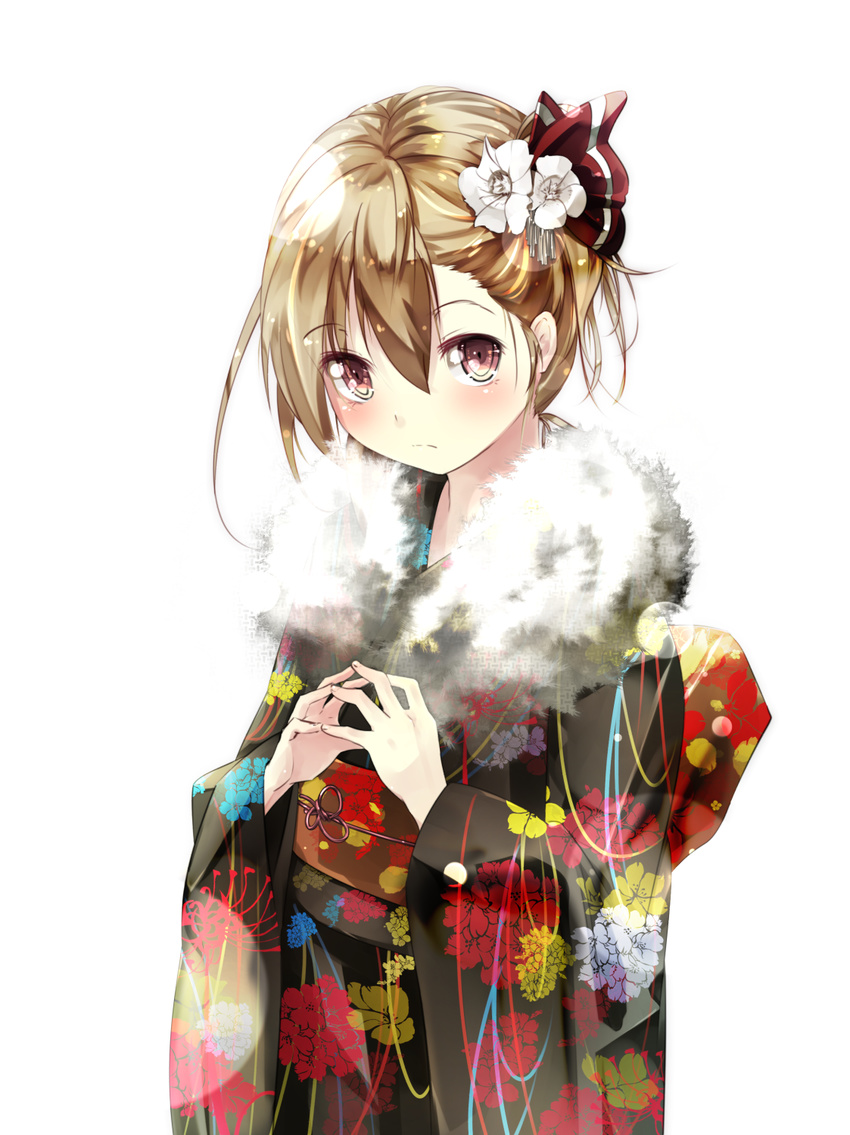 alternate_costume blonde_hair commentary_request fingers_together floral_print flower fur gorilla_(bun0615) hair_between_eyes hair_flower hair_ornament hair_ribbon highres japanese_clothes kimono long_sleeves looking_at_viewer obi red_eyes red_ribbon ribbon rumia sash simple_background solo touhou white_background wide_sleeves