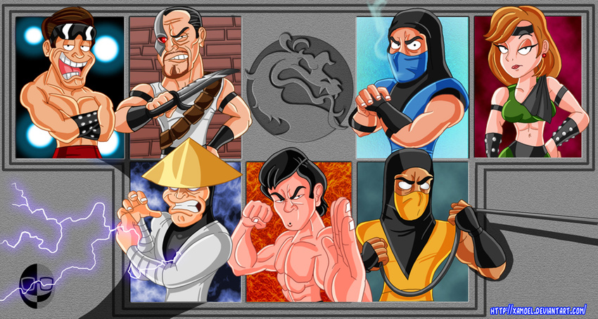 1girl 6+boys johnny_cage kano_(mortal_kombat) liu_kang mortal_kombat multiple_boys raiden_(mortal_kombat) scorpion_(mortal_kombat) sonya_blade sub-zero