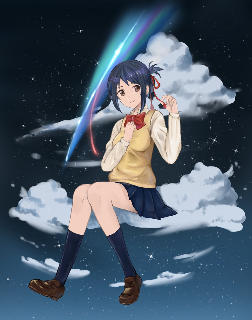 black_hair black_legwear brown_footwear cloud comet commentary_request diffraction_spikes full_body hair_ribbon hand_on_own_chest highres kimi_no_na_wa kneehighs miyamizu_mitsuha night night_sky red_ribbon ribbon school_uniform shoes sitting_on_cloud sky solo star_(sky) starry_sky wakata