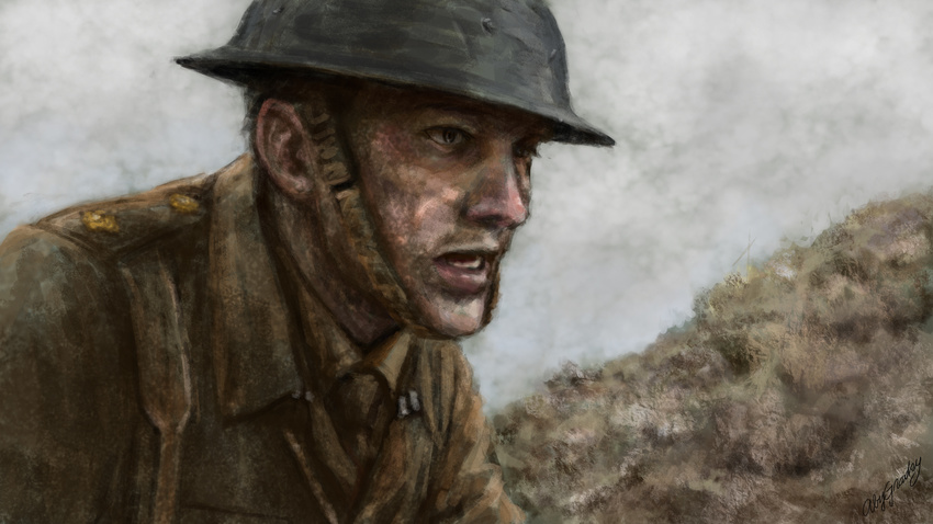 abramgrosky_(aby) black_hair blurry british brodie_helmet commentary dirty_face epaulettes grey_eyes helmet highres load_bearing_equipment male_focus md5_mismatch military military_uniform open_mouth original signature soldier solo uniform upper_body war world_war_ii