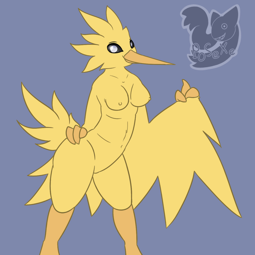 3_fingers anthro anthrofied avian beak bird black_sclera blue_background breasts crane erect_nipples feathered_wings feathers female fur legendary_pok&eacute;mon looking_at_viewer navel nintendo nipples nude pok&eacute;mon posexe simple_background smile solo spread_legs spreading standing thick_thighs video_games watermark white_eyes wide_hips wings yellow_fur zapdos