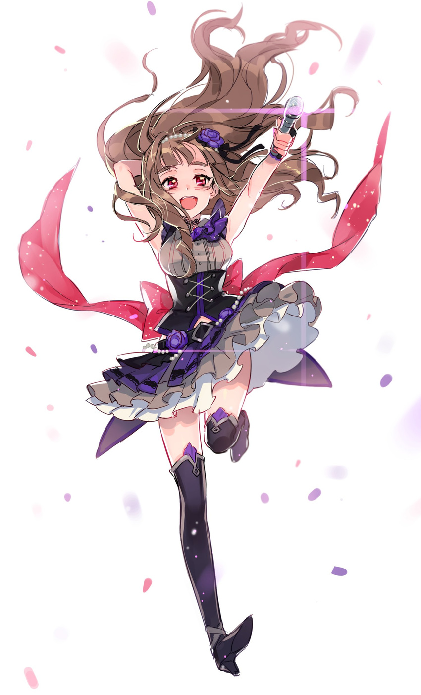 absurdres arms_up black_legwear blush breasts brown_hair full_body hairband highres idolmaster idolmaster_cinderella_girls idolmaster_cinderella_girls_starlight_stage kamiya_nao long_hair looking_at_viewer mansu medium_breasts microphone open_mouth red_eyes smile solo thighhighs