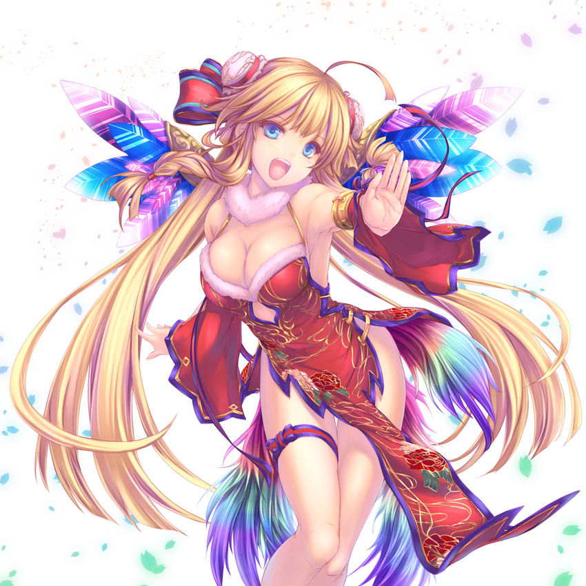 ahoge bangs blonde_hair breasts chunmei cleavage commentary_request contrapposto double_bun dress eyebrows_visible_through_hair foreshortening fur_collar highres hips large_breasts long_hair looking_at_viewer open_mouth outstretched_arm outstretched_hand pelvic_curtain petals purple_ribbon red_dress red_ribbon ribbon shironeko_project simple_background smile solo standing striped striped_ribbon teeth tenmaso thigh_ribbon thighs very_long_hair white_background