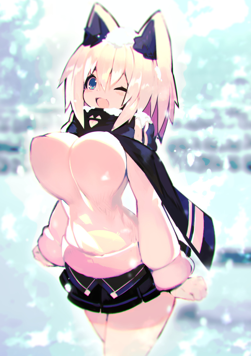 ;3 ;d absurdres animal_ear_fluff animal_ears bangs black_scarf black_skirt blonde_hair blue_eyes blurry blurry_background blush breasts cleavage commentary_request cowboy_shot day depth_of_field fox_ears fox_girl hair_between_eyes highres impossible_clothes large_breasts looking_up mamuru one_eye_closed open_mouth original outdoors pleated_skirt scarf skirt smile snow snow_on_head solo standing sweater