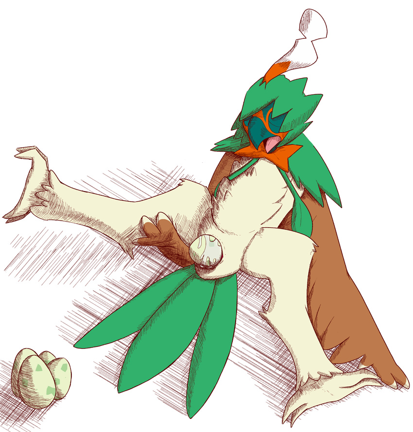 animal_genitalia anthro avian bird cloaca decidueye eyes_closed female nintendo oviposition owl pok&eacute;mon raised_leg strained the_coast_is_near video_games