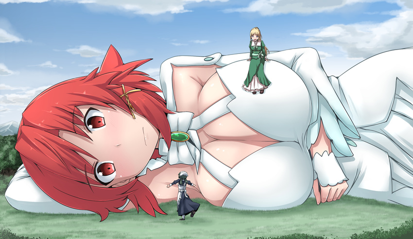 blonde_hair breasts cleavage cloud commentary_request day frown giantess highres izetta large_breasts looking_at_viewer lotte_(shuumatsu_no_izetta) multiple_girls ortfine_fredericka_von_eylstadt red_eyes red_hair short_hair shuumatsu_no_izetta sky smile terada_ochiko