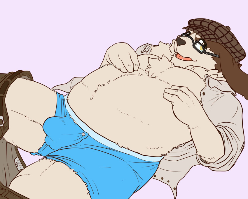 anthro boxer_briefs bulge canine cerb0980 clothed clothing dog dress_shirt eyewear flaccid flat_colors glasses looking_at_viewer male mammal moobs open_mouth open_shirt overweight overweight_male pants_down partially_clothed penis penis_outline saint_bernard shirt solo underwear weber