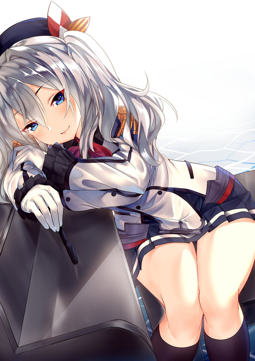 beret black_legwear blue_eyes breasts buttons epaulettes frilled_sleeves frills gloves grey_eyes grey_skirt hat head_rest highres instrument jacket jun_project kantai_collection kashima_(kantai_collection) kerchief kneehighs large_breasts legs_together looking_at_viewer military military_uniform miniskirt neckerchief piano pleated_skirt sidelocks silver_hair sitting skirt smile socks solo tsurime twintails uniform wavy_hair white_gloves