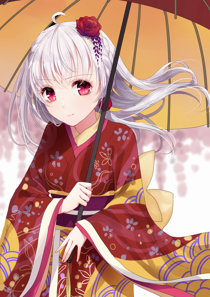 absurdres ahoge bangs blurry blurry_background braid closed_mouth commentary_request eyebrows_visible_through_hair floating_hair flower hair_flower hair_ornament highres holding holding_umbrella japanese_clothes kanzashi kimono light_smile long_hair looking_at_viewer obi original parasol red_eyes red_flower red_kimono saikou-iro_aurora sash silver_hair solo umbrella upper_body white_background wide_sleeves