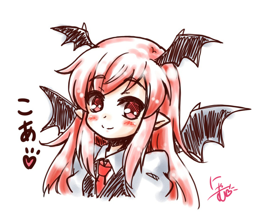 bat_wings blush commentary_request eyebrows_visible_through_hair head_wings heart juliet_sleeves koa_(phrase) koakuma long_hair long_sleeves looking_at_viewer neko_yume pointy_ears puffy_sleeves red_eyes red_hair sidelocks simple_background sketch smile solo touhou upper_body vest white_background wings