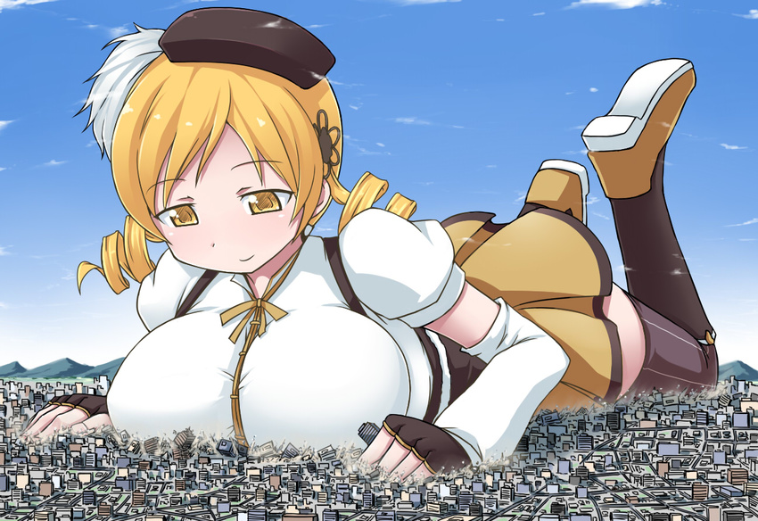 beret blonde_hair breasts brown_legwear city detached_sleeves drill_hair fingerless_gloves giantess gloves hair_ornament hairpin hat large_breasts lying magical_girl mahou_shoujo_madoka_magica on_stomach puffy_sleeves smile solo striped striped_legwear terada_ochiko thighhighs tomoe_mami twin_drills vertical-striped_legwear vertical_stripes yellow_eyes