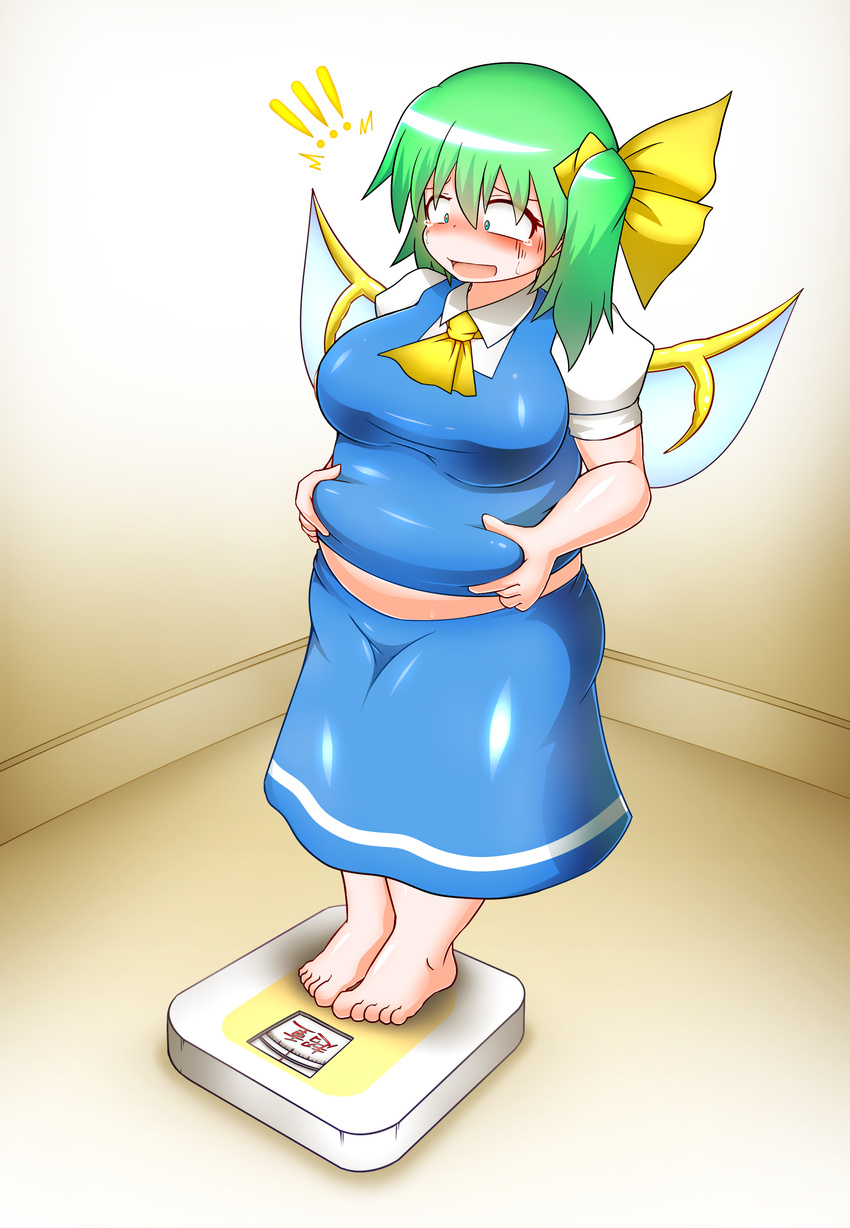 /\/\/\ 1girl absurdres ascot asheta7 barefoot belly_grab big_belly blue_eyes blush breasts collared_shirt commentary d: daiyousei fairy_wings fat fat_folds full_body green_hair highres large_breasts narrowed_eyes open_mouth pinching puffy_short_sleeves puffy_sleeves shiny shiny_clothes shiny_hair shiny_skin shirt short_hair short_sleeves side_ponytail skirt skirt_set solo sweat tears touhou translated turn_pale undersized_clothes vest weighing_scale weight_conscious weight_gain wings