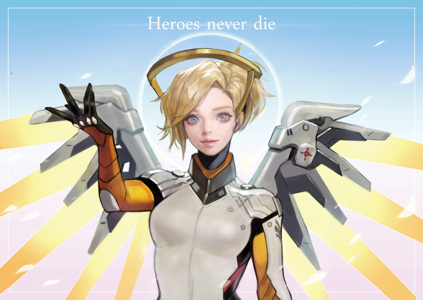 absurdres armor black_gloves blonde_hair blue_eyes bodysuit breastplate breasts closed_mouth english eyelashes gloves hand_up headgear highres long_sleeves looking_at_viewer mechanical_halo mechanical_wings medium_breasts mercy_(overwatch) monable nose overwatch short_hair skin_tight smile solo spread_wings turtleneck wing_print wings yellow_wings