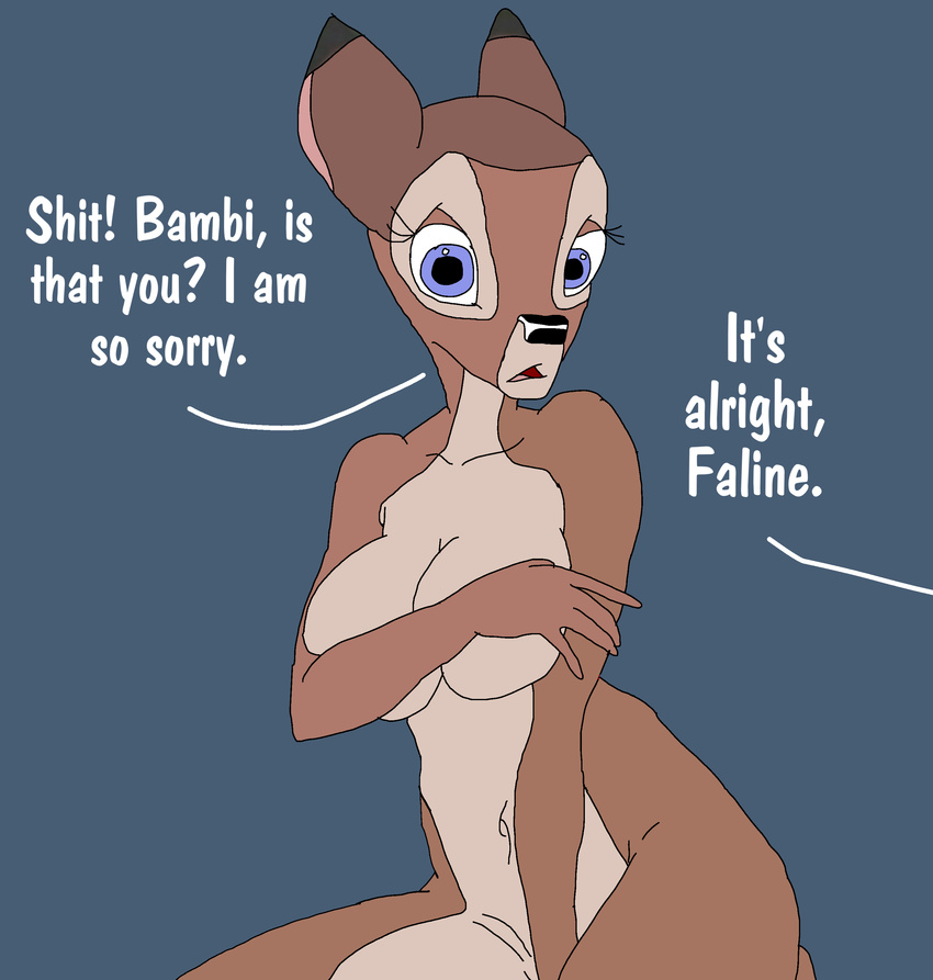 bambi bambi_(film) blue_eyes breasts brown_fur caught cervine covering covering_breasts deer dialogue disney embarrassed english_text faline female fur looking_at_viewer mammal masturbation nude solo text vanderhirsche