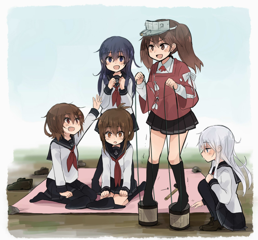 :d akatsuki_(kantai_collection) anchor_symbol annin_musou bad_id bad_pixiv_id blue_eyes brown_eyes brown_hair can can_stilts fang flat_cap folded_ponytail grey_eyes hammer hand_up hands_up hat hat_removed headwear_removed hibiki_(kantai_collection) highres holding holding_hat ikazuchi_(kantai_collection) inazuma_(kantai_collection) japanese_clothes kantai_collection kariginu kneeling long_hair long_sleeves magatama multiple_girls nail neckerchief open_mouth pantyhose pleated_skirt red_neckwear remodel_(kantai_collection) rock ryuujou_(kantai_collection) school_uniform seiza serafuku shoes_removed short_hair silver_hair sitting sitting_on_ground skirt smile squatting standing_on_object stilts string tarpaulin twintails v-shaped_eyebrows visor_cap white_background wide_sleeves