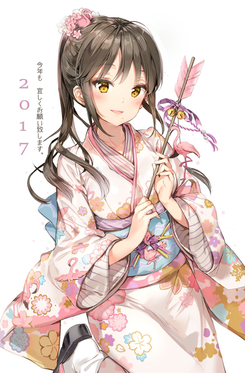 2017 anmi arrow bangs bell bird blush breasts brown_eyes brown_hair commentary_request cowboy_shot eyebrows_visible_through_hair flamingo floating_hair floral_print flower hair_flower hair_ornament half-closed_eyes hamaya happy_new_year highres holding_arrow japanese_clothes jingle_bell kimono kotoyoro long_hair looking_at_viewer medium_breasts mole mole_under_mouth new_year obi original parted_lips pink_flower purple_ribbon ribbon sandals sash simple_background smile socks solo standing standing_on_one_leg translated white_background white_kimono white_legwear