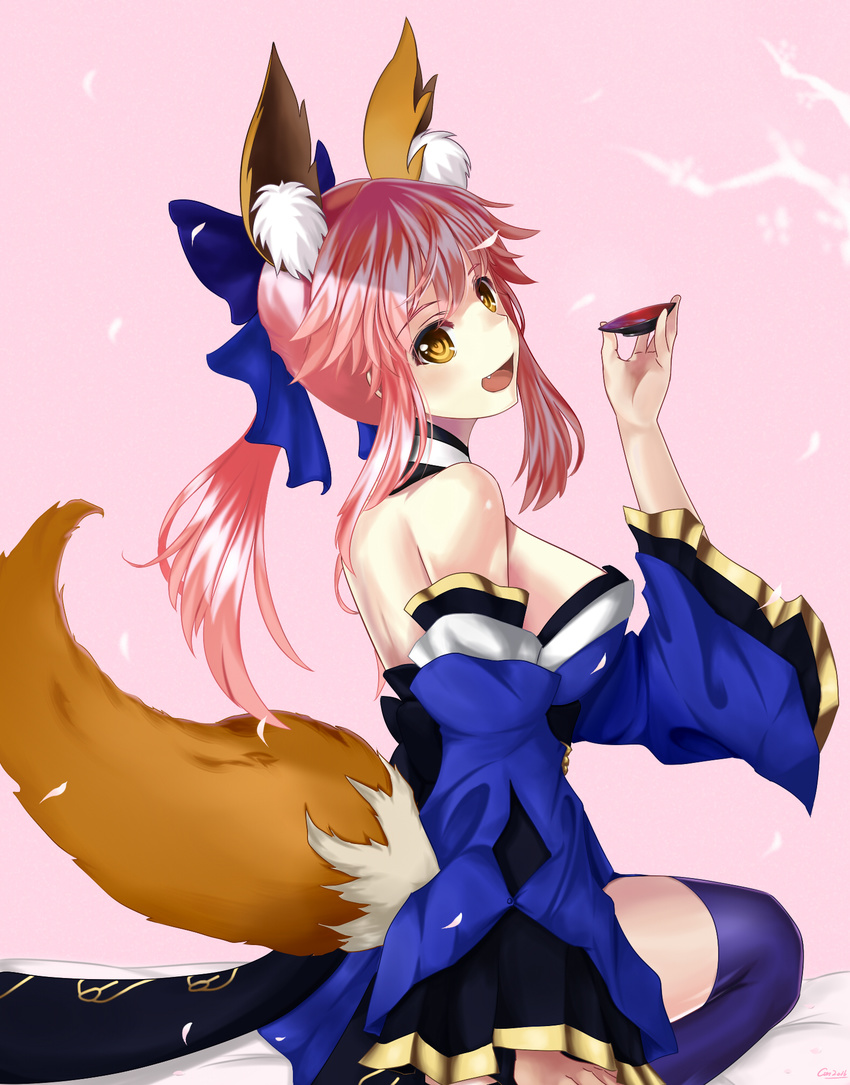 2016 :d animal_ears bare_back bare_shoulders bed_sheet blue_bow blue_legwear bow breasts cherry_blossoms convoyke cup detached_sleeves fang fate/extra fate_(series) fox_ears fox_tail hair_bow head_tilt highres holding holding_cup kneeling large_breasts long_hair misaki_kurehito_(style) open_mouth pink_background pink_hair ponytail sideboob sidelocks signature smile solo tail tamamo_(fate)_(all) tamamo_no_mae_(fate) thighhighs yellow_eyes