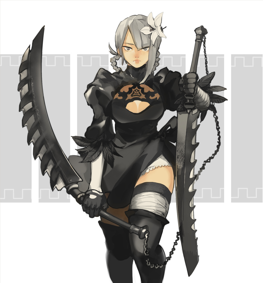 bandages black_dress black_legwear braid chain cosplay dress flower gloves hair_flower hair_ornament highres kaine_(nier) kohiu leotard looking_at_viewer nier nier_(series) nier_automata no_blindfold puffy_sleeves silver_eyes silver_hair simple_background solo sword thighhighs weapon white_leotard yorha_no._2_type_b yorha_no._2_type_b_(cosplay)