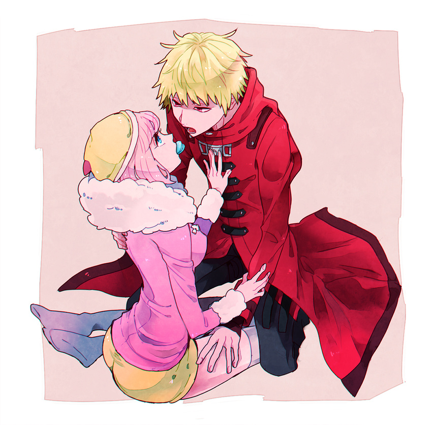 1boy 1girl andou_ruruka ass blonde_hair blue_eyes coat couple danganronpa danganronpa_3 eye_contact hand_on_chest hetero izayoi_sounosuke long_coat looking_at_another pink_hair red_coat red_eyes short_hair shorts squinting thighhighs white_legwear yellow_shorts yyy246