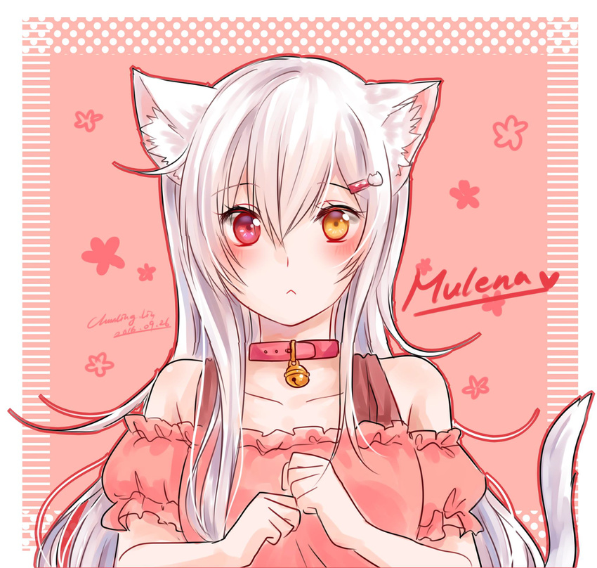 2016 :&lt; animal_ears bad_id bad_pixiv_id bare_shoulders bell cat_ears cat_hair_ornament clenched_hands collar dated hair_ornament hairclip heterochromia highres jingle_bell liu_chun-ling long_hair orange_eyes original red_eyes signature solo white_hair